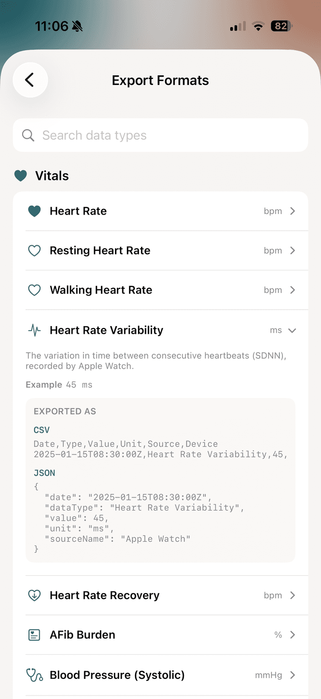 vitalina's in-app Export Formats screen showing a searchable list of Apple Health data types, each with its unit, a plain-language description, an example value, and the CSV and JSON it exports as