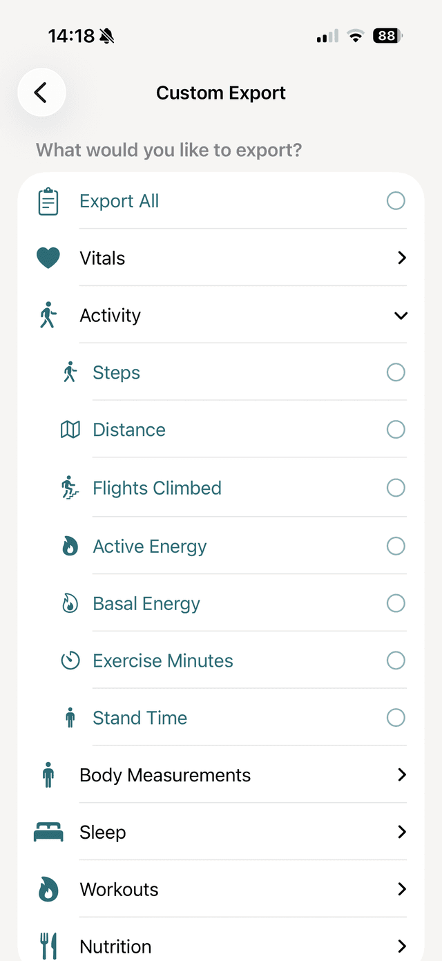 vitalina custom export screen showing Steps, Distance, and Active Energy selected under Activity