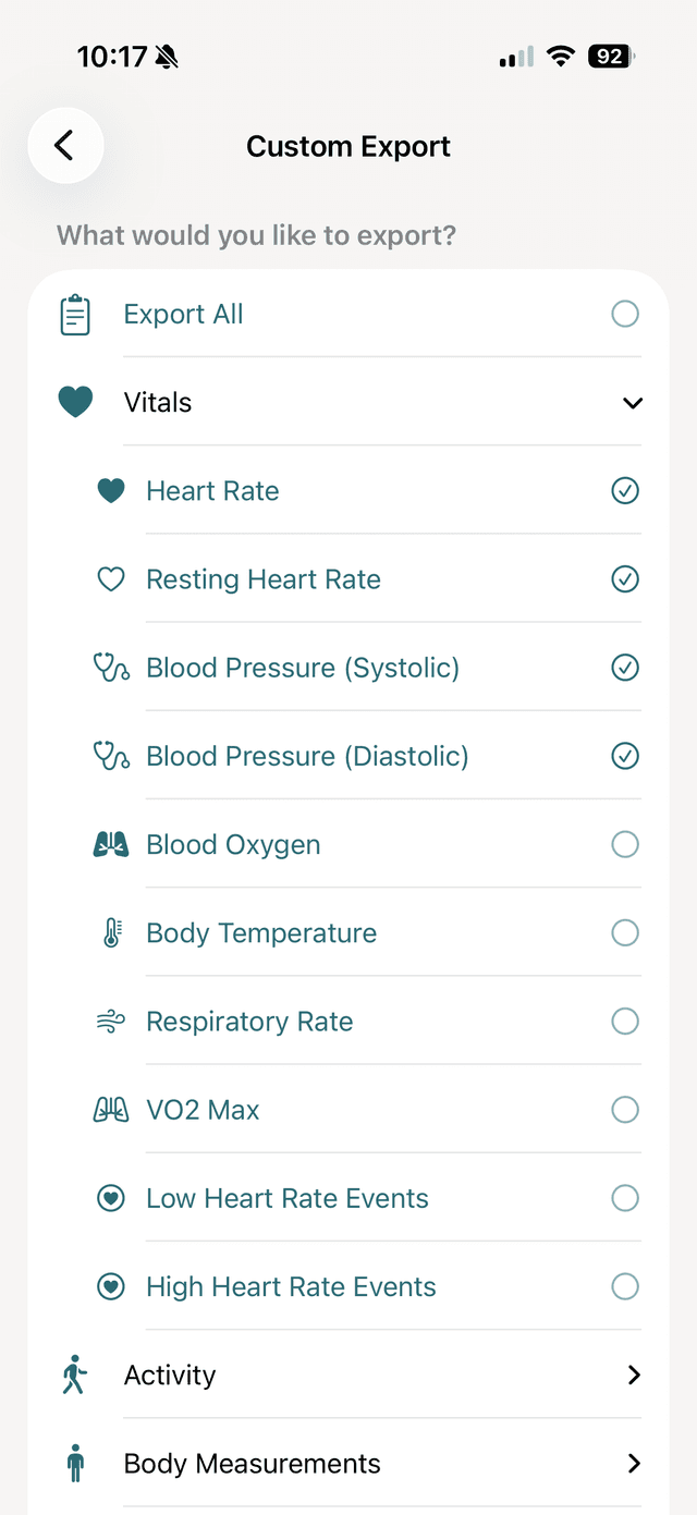 vitalina custom export screen showing Blood Pressure Systolic and Diastolic selected under Vitals