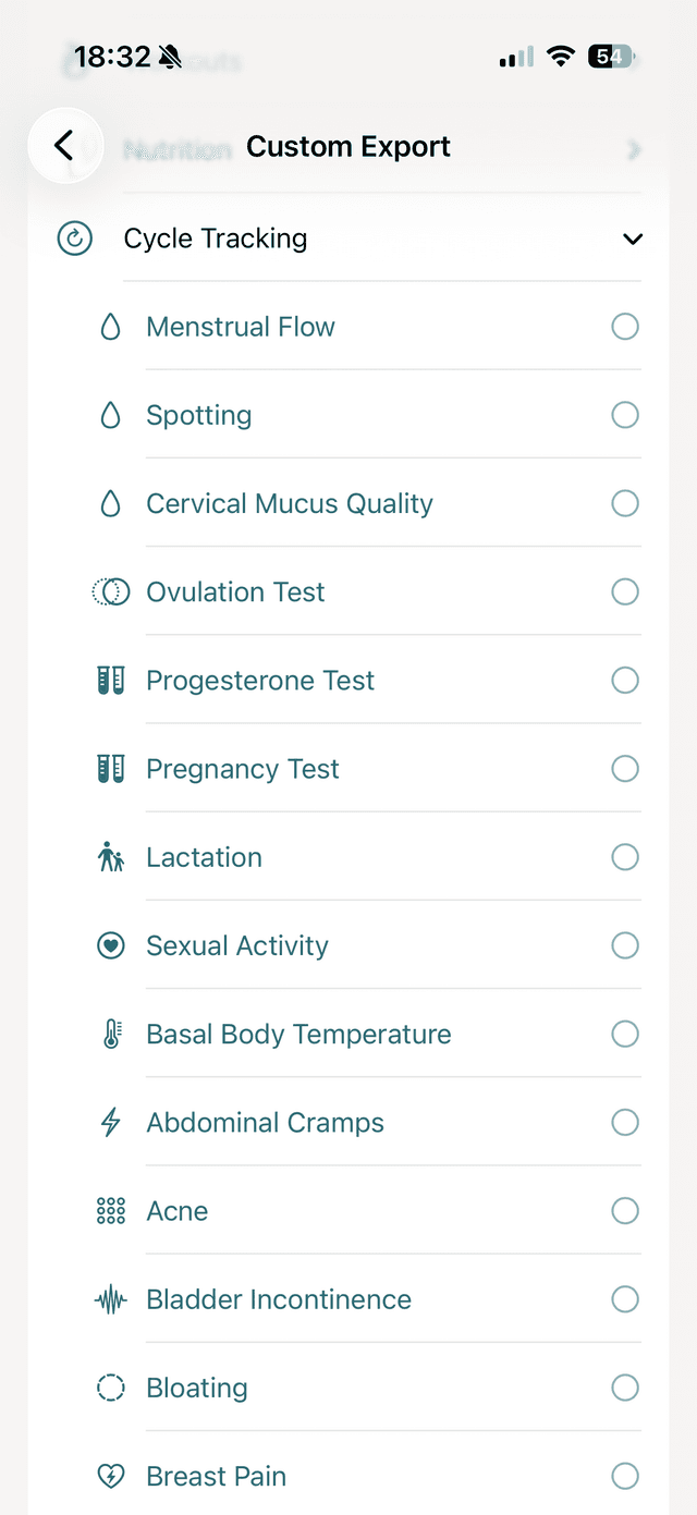 vitalina custom export screen showing cycle tracking metrics selected