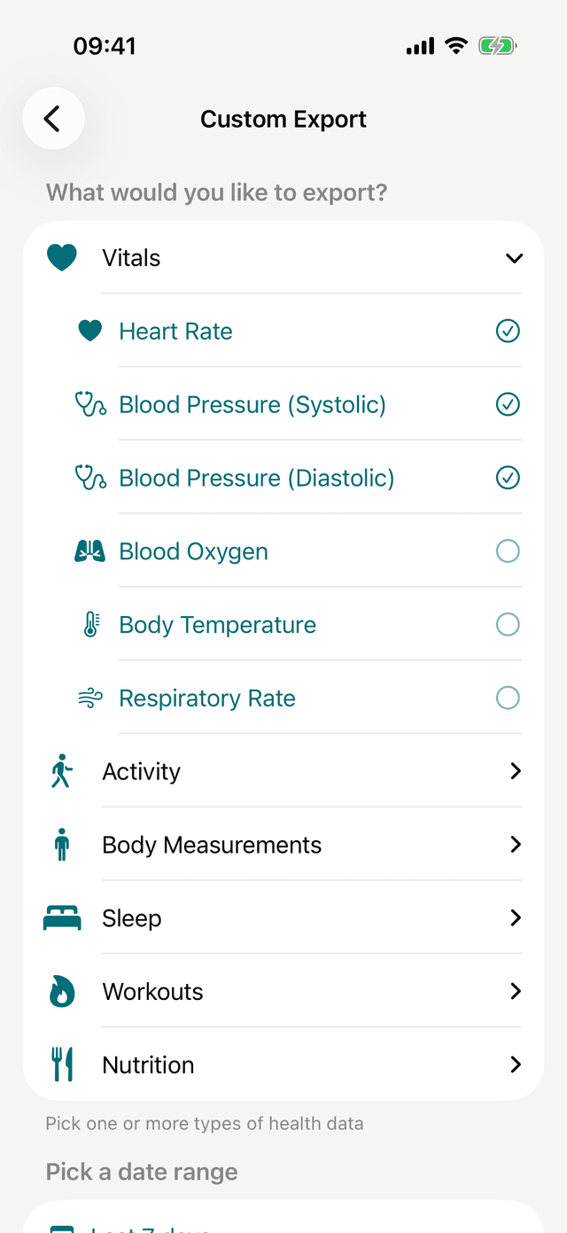 vitalina custom export screen showing health metric categories and individual data type selection