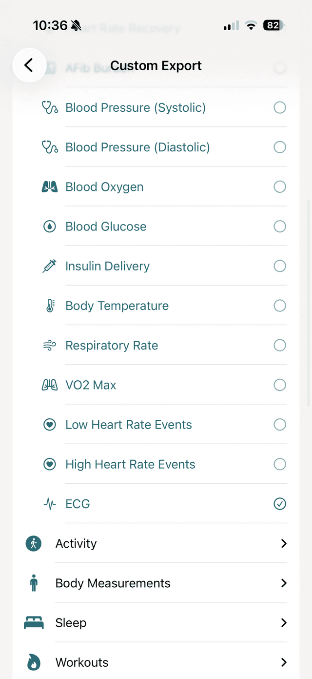 vitalina custom export screen with ECG selected in the vitals list