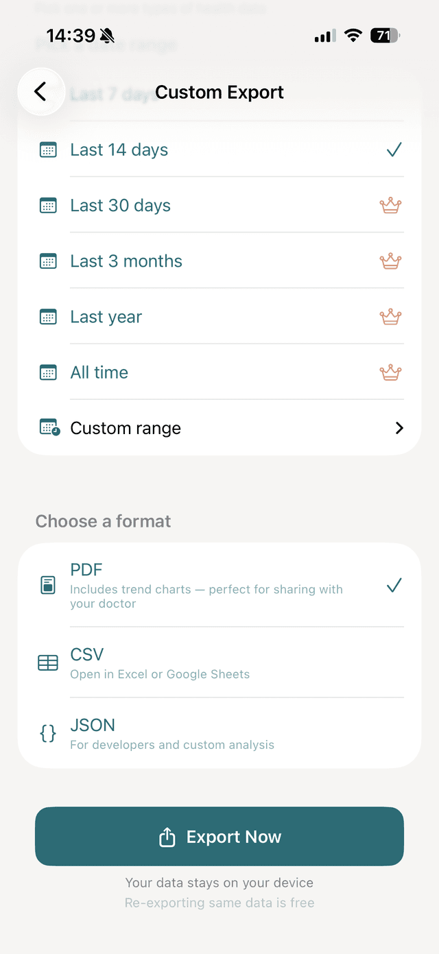 vitalina Export Now button ready to generate the blood pressure report
