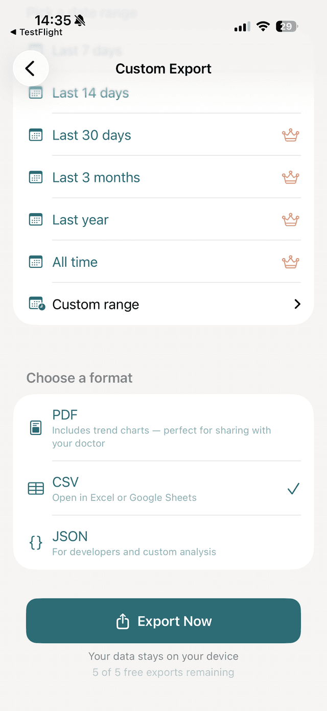 vitalina format selection showing PDF, CSV, and JSON options