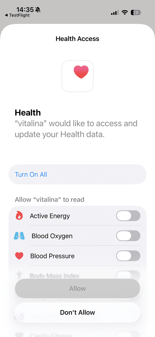 vitalina requesting read-only access to Apple Health data