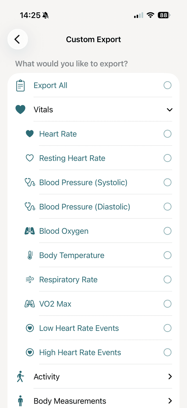 vitalina custom export screen showing Heart Rate and Resting Heart Rate selected under Vitals