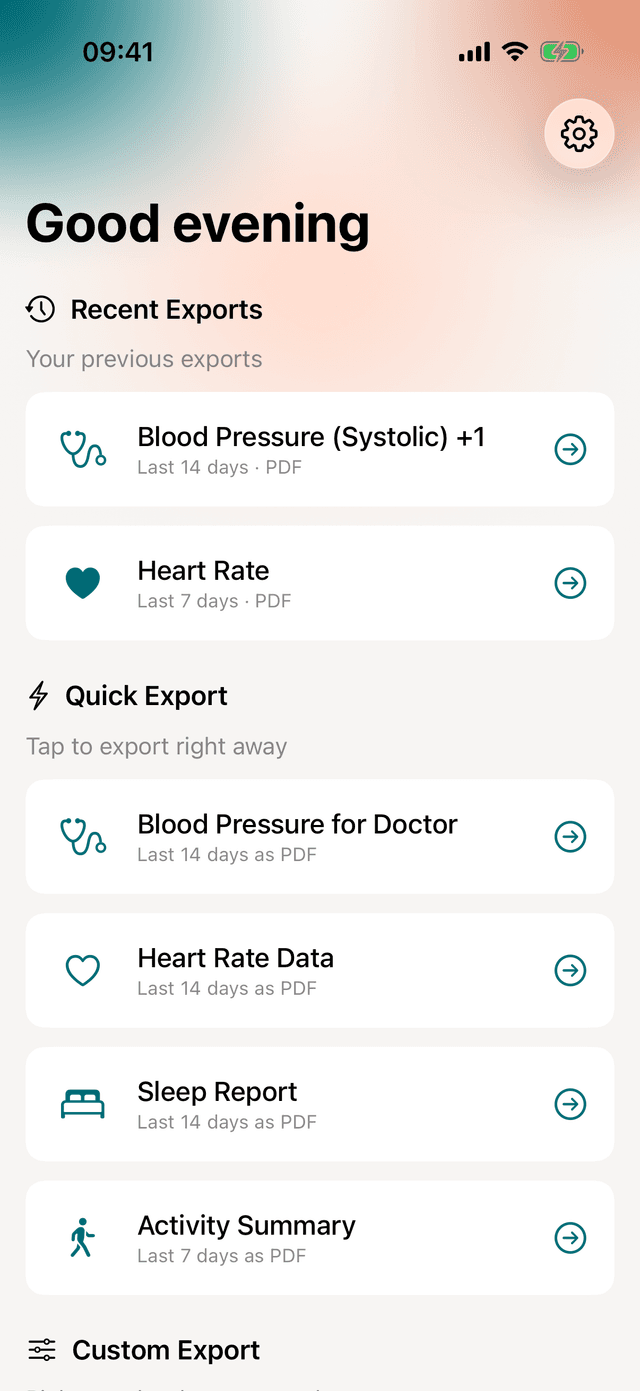 vitalina main screen showing the Blood Pressure for Doctor quick export template