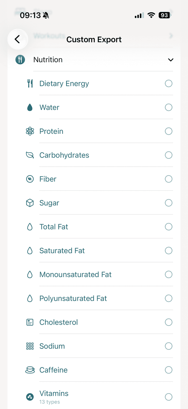 vitalina custom export screen with the Nutrition section expanded - Dietary Energy (calories), Water, Protein, Carbohydrates, Fiber, Sugar, all four fat types, Cholesterol, Sodium, Caffeine, plus the Vitamins (13 types) and Minerals bundles at the bottom