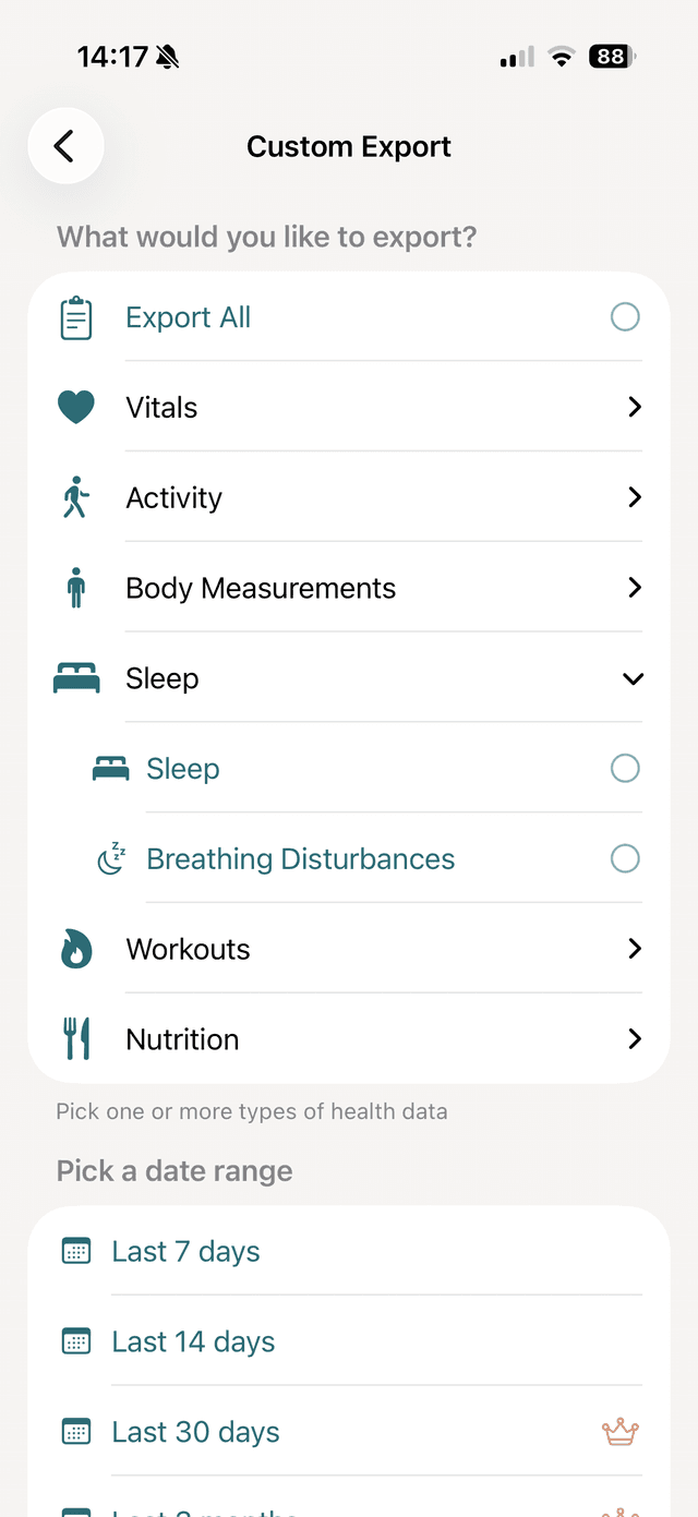 vitalina custom export screen showing Sleep Analysis selected