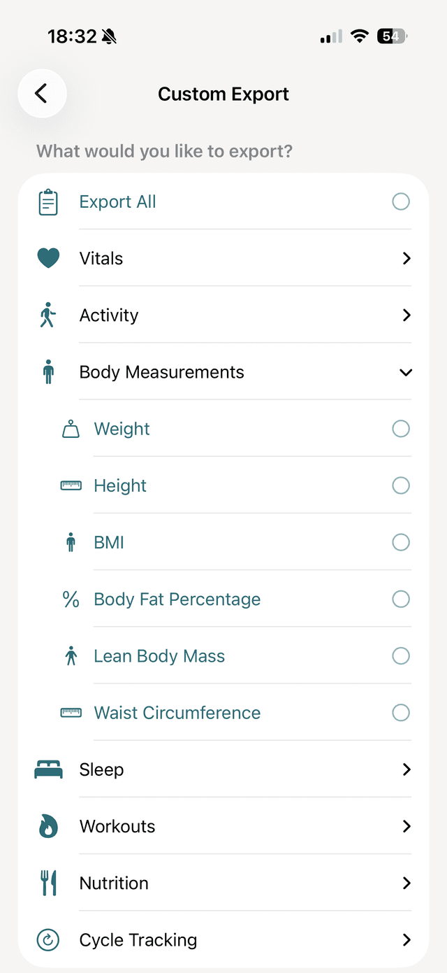 vitalina custom export screen showing Body Weight selected under Body Measurements