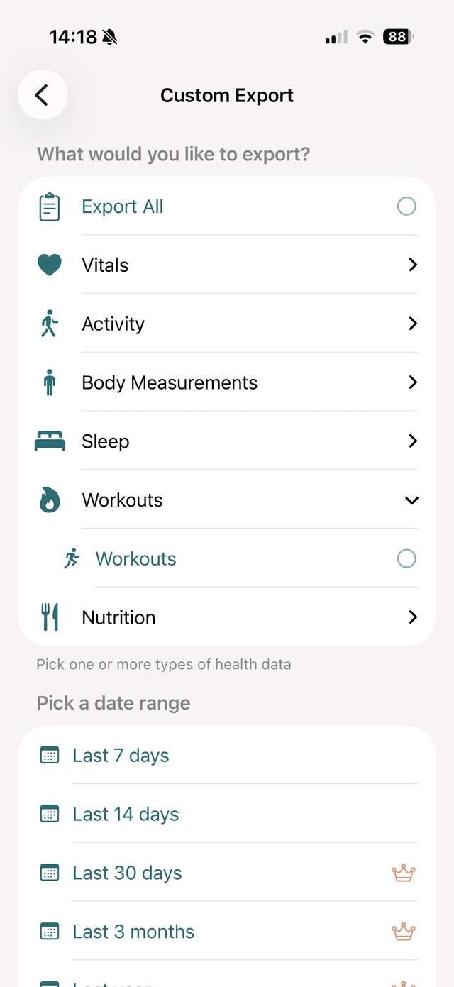vitalina custom export screen showing Workouts selected