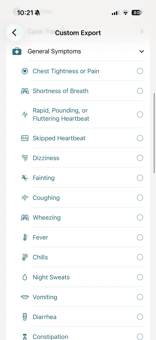 vitalina custom export screen showing the General Symptoms group with Chest Tightness, Shortness of Breath, Dizziness, Fever, Chills, and more available to select