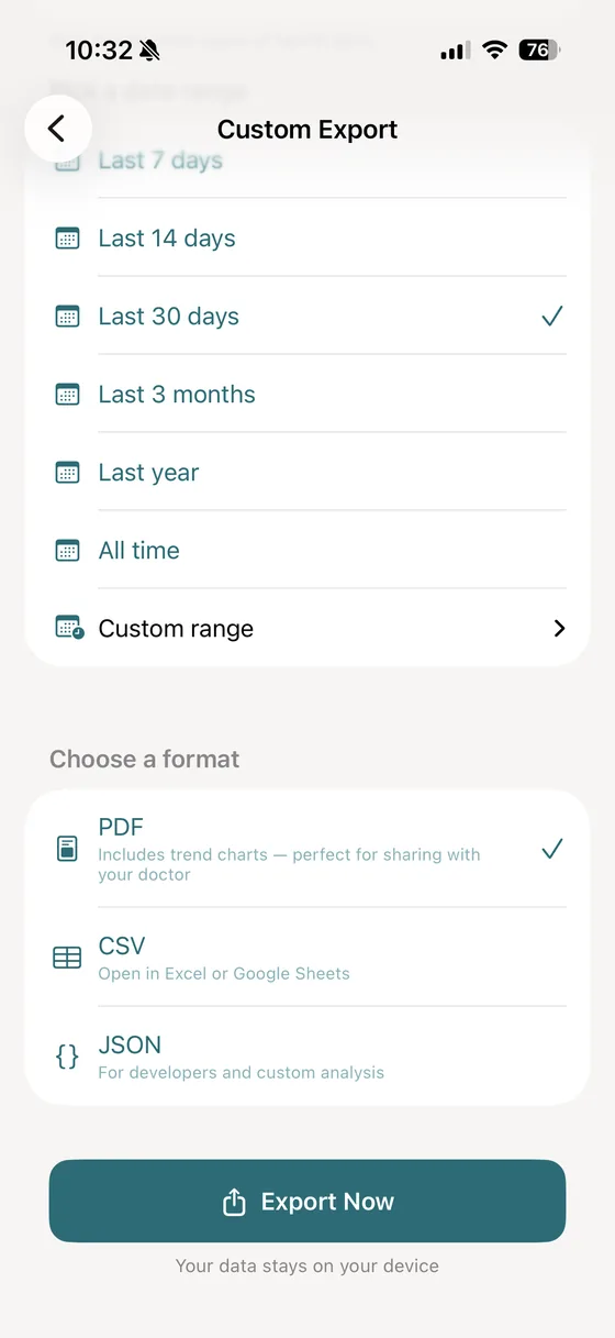 vitalina custom export screen showing the date range set to Last 30 days and the format options PDF, CSV and JSON, with PDF selected above the Export Now button
