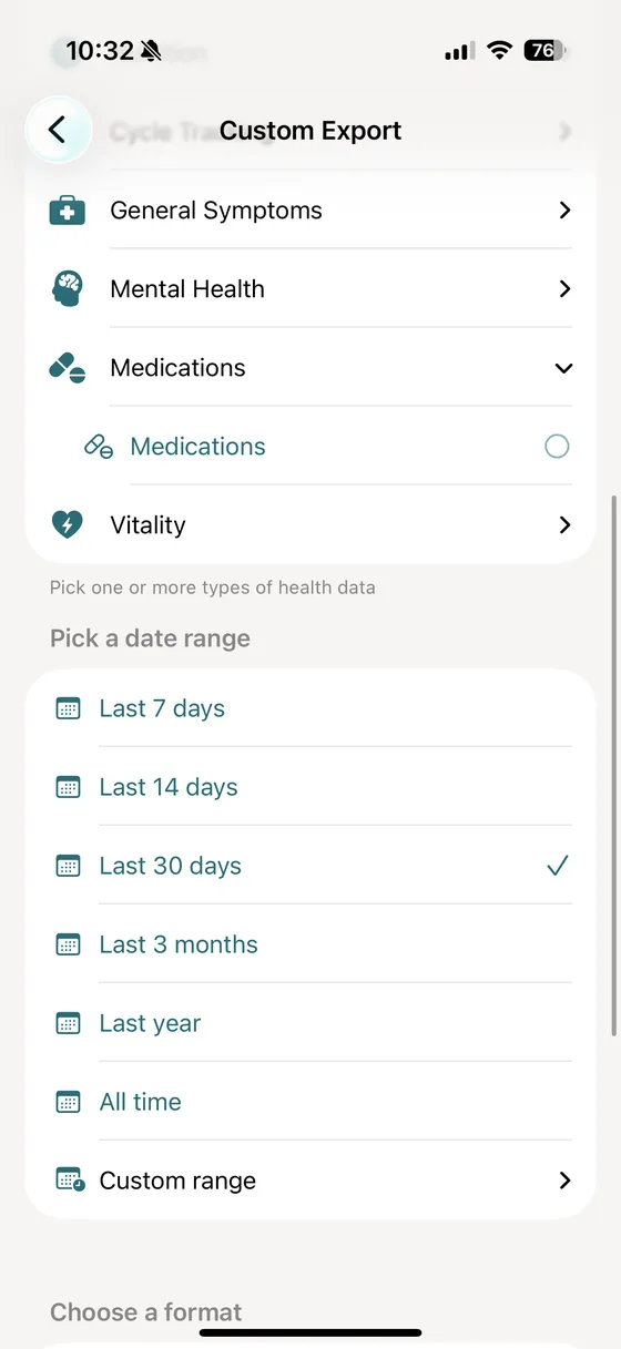 vitalina custom export screen with the Medications group expanded, showing the Medications data type below General Symptoms, Mental Health and Vitality