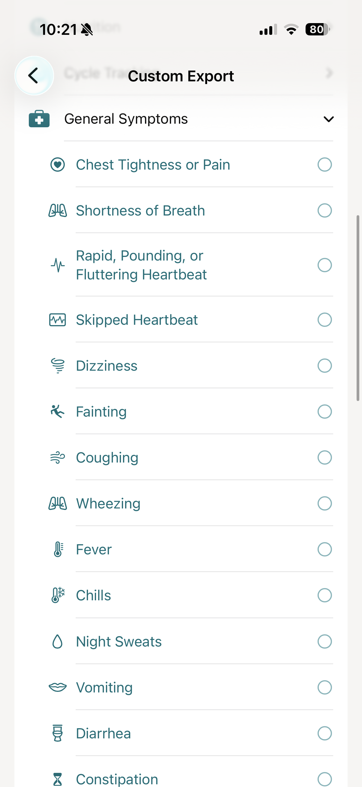 vitalina custom export screen showing the General Symptoms group with Chest Tightness, Shortness of Breath, Dizziness, Fever, Chills, and more available to select