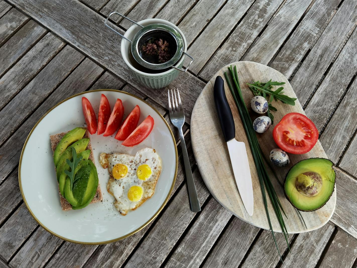 Flat lay breakfast with avocado and quail eggs