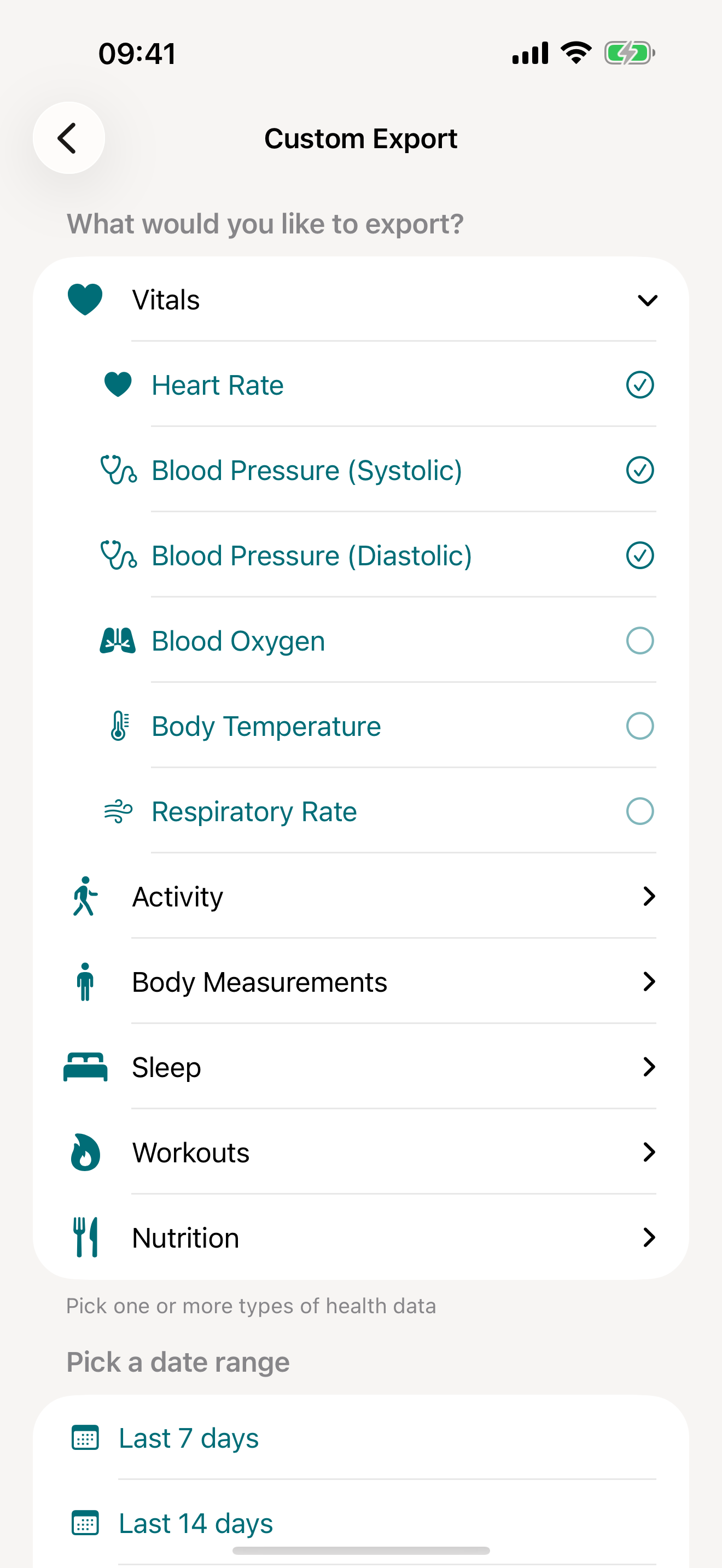 vitalina app — Pick your metrics