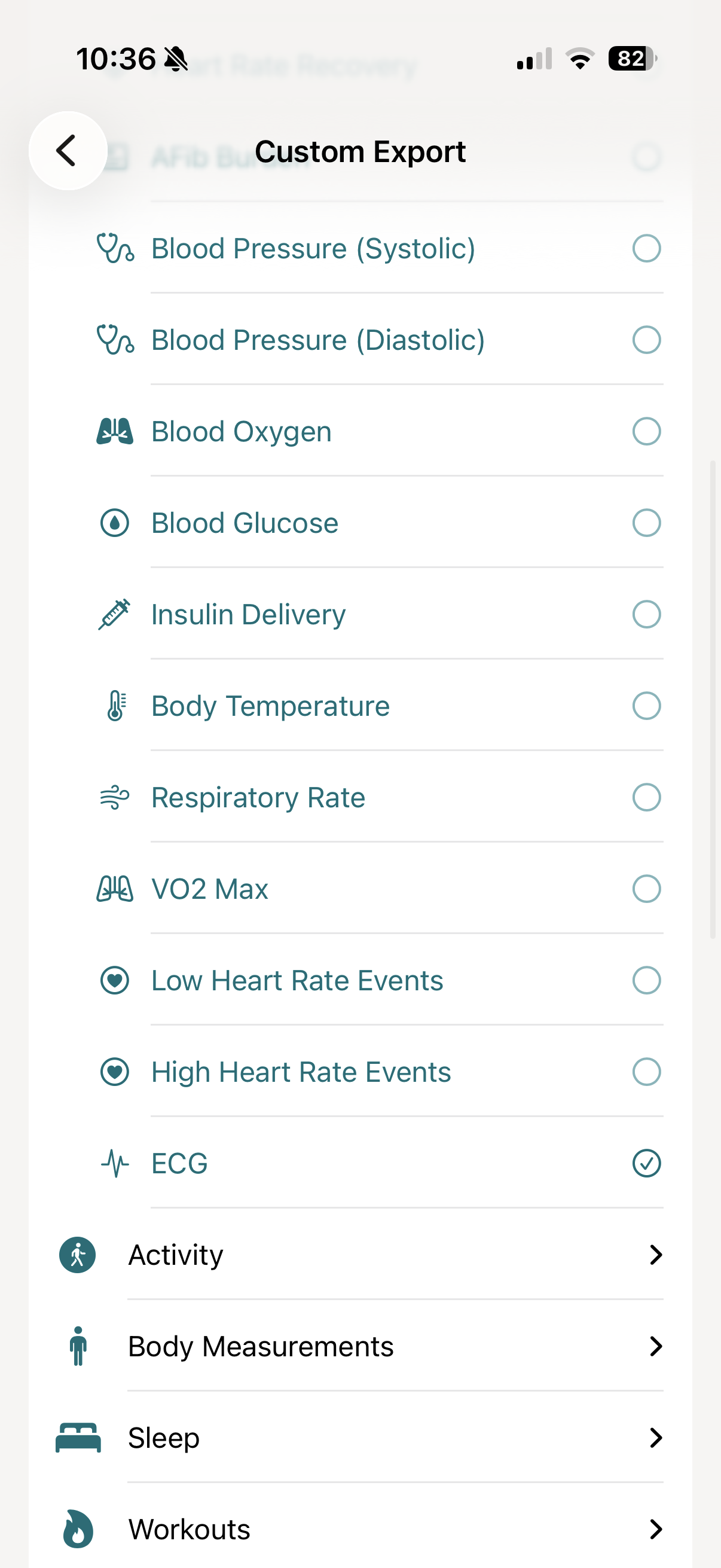 vitalina custom export screen with ECG selected in the vitals list