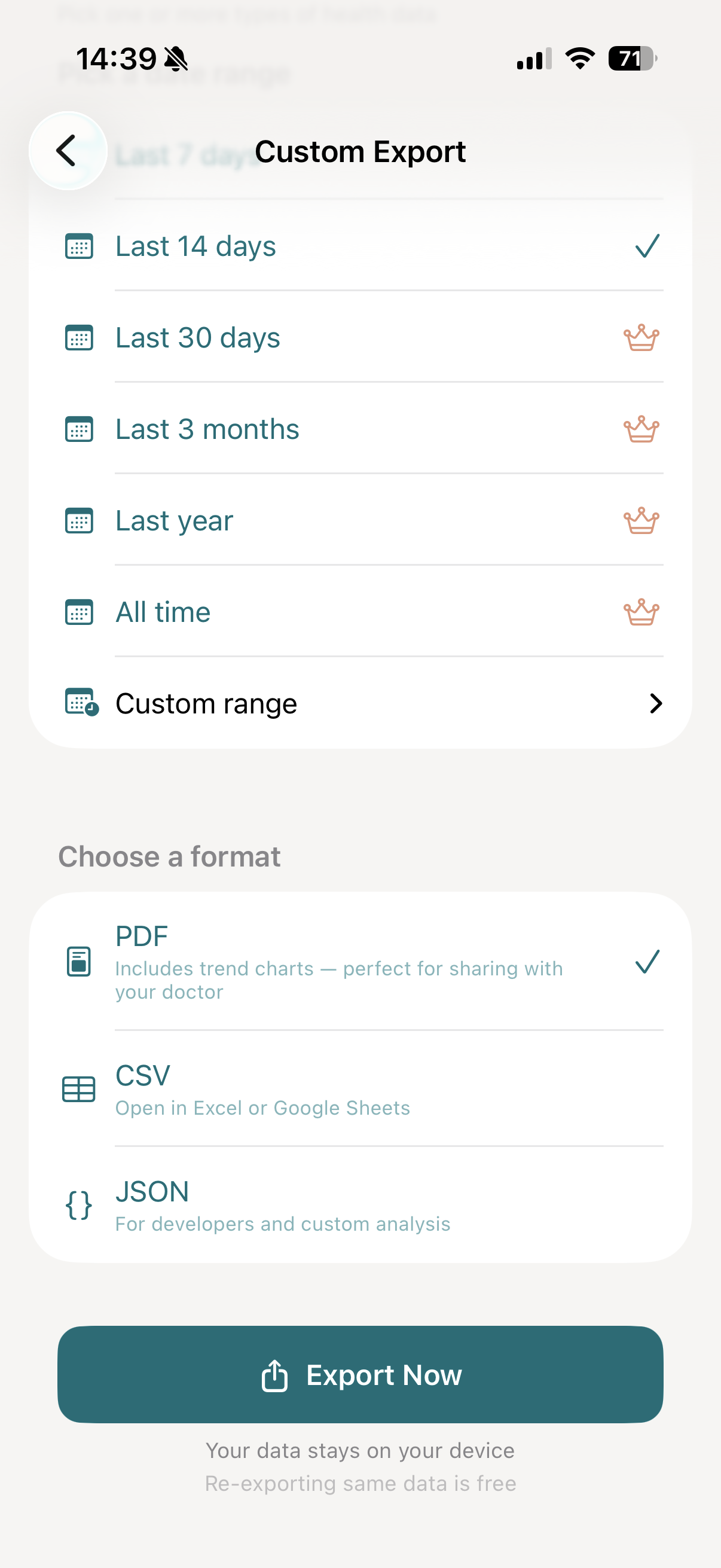 vitalina Export Now button ready to generate the blood pressure report