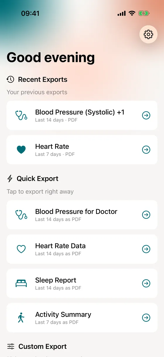 vitalina home screen with two Recent Exports above the Quick Export templates Blood Pressure for Doctor, Heart Rate Data, Sleep Report and Activity Summary