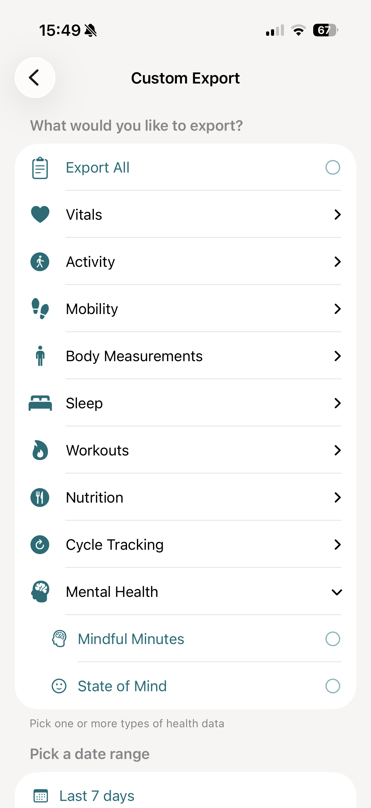 vitalina custom export screen showing the Mental Health group with State of Mind and Mindful Minutes available